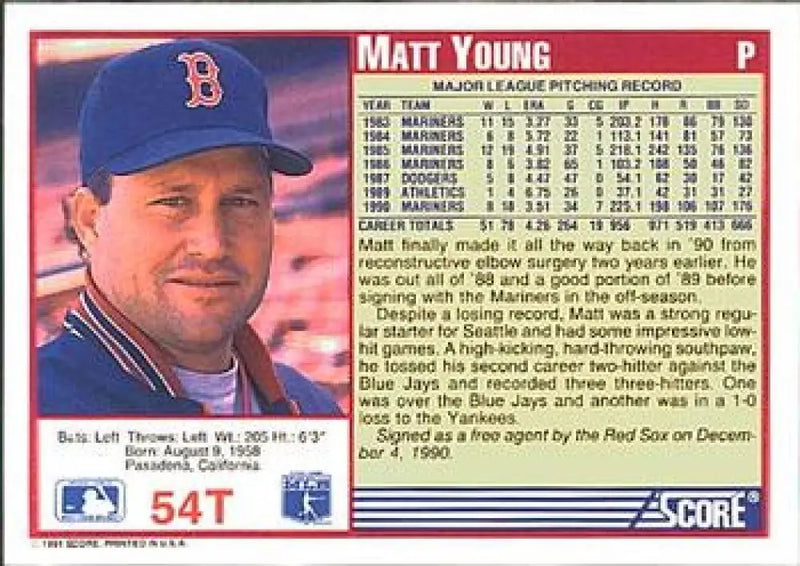 1991 Score Rookie and Traded #54T Matt Young NM-MT Boston Red Sox Baseball Card - Baseball Card Single