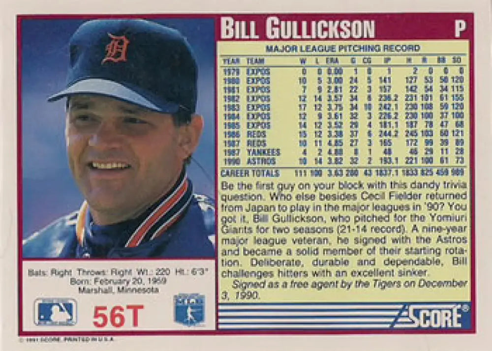 1991 Score Rookie and Traded #56T Bill Gullickson NM-MT Detroit Tigers Baseball Card - Baseball Card Single
