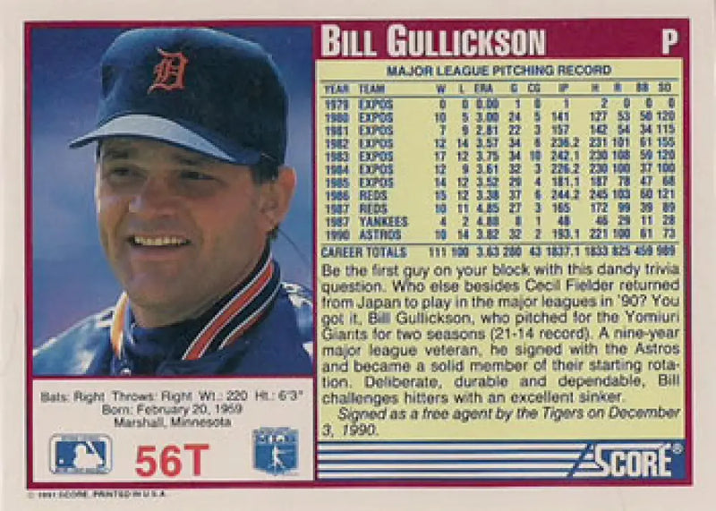 1991 Score Rookie and Traded #56T Bill Gullickson NM-MT Detroit Tigers Baseball Card - Baseball Card Single
