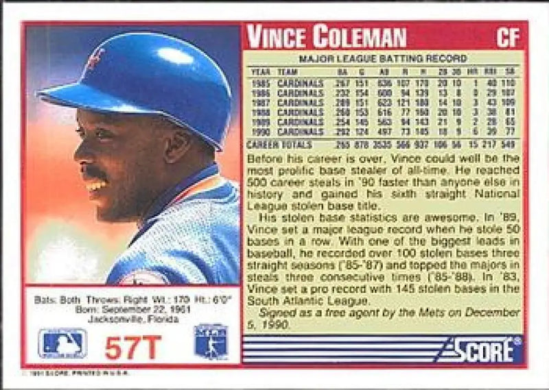1991 Score Rookie and Traded #57T Vince Coleman NM-MT New York Mets Baseball Card - Baseball Card Single