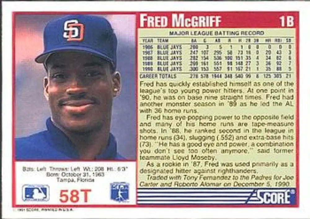 1991 Score Rookie and Traded #58T Fred McGriff NM-MT San Diego Padres Baseball Card - Baseball Card Single