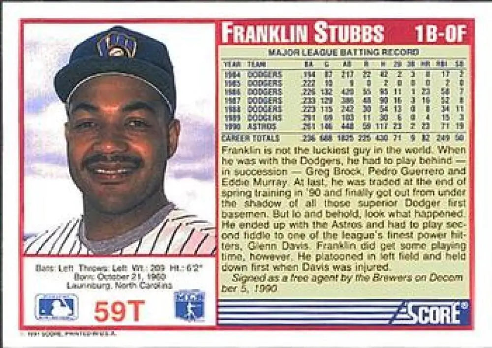1991 Score Rookie and Traded #59T Franklin Stubbs NM-MT Milwaukee Brewers Baseball Card - Baseball Card Single
