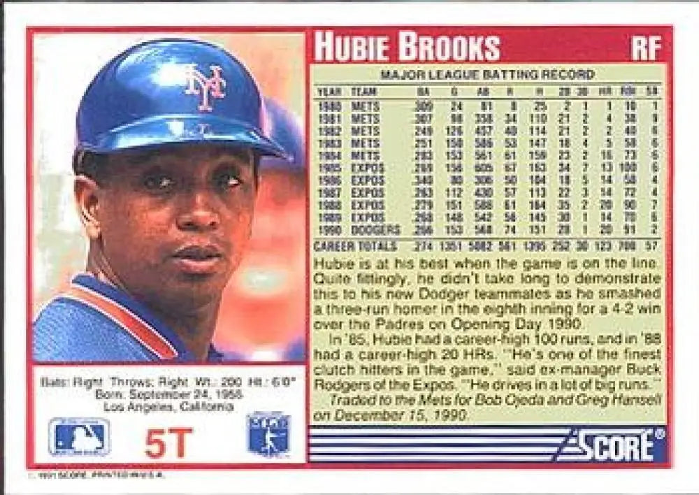 1991 Score Rookie and Traded #5T Hubie Brooks NM-MT New York Mets Baseball Card - Baseball Card Single
