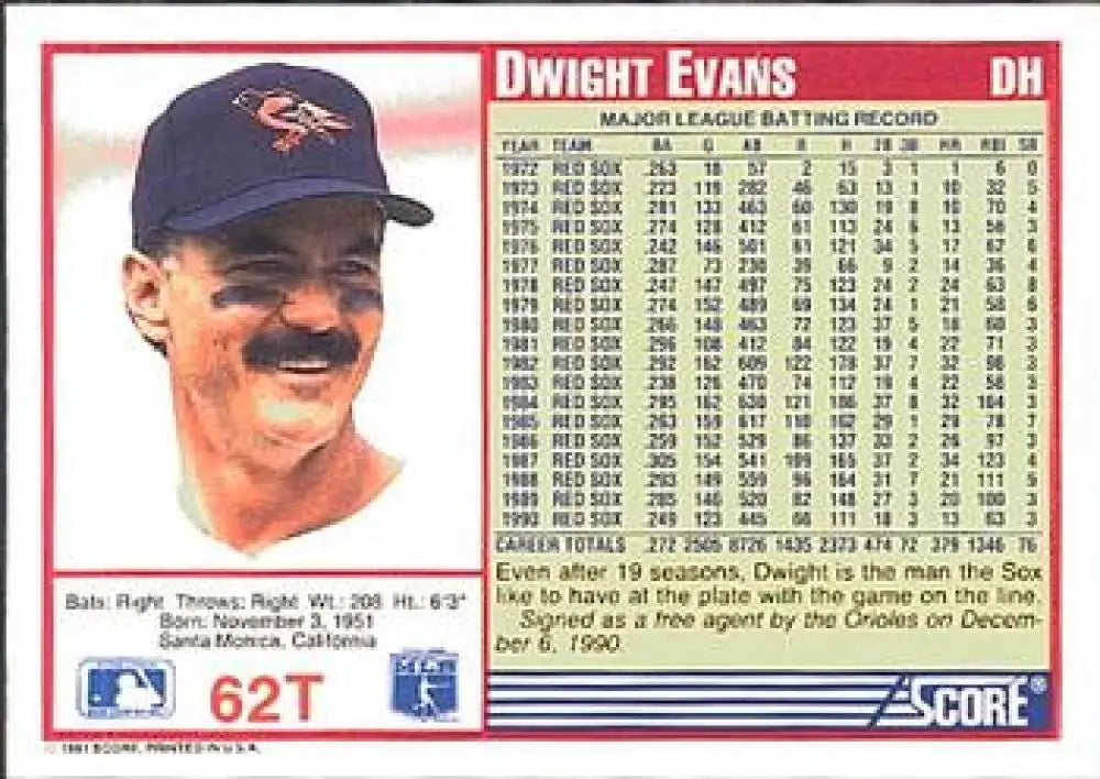 1991 Score Rookie and Traded #62T Dwight Evans NM-MT Baltimore Orioles Baseball Card - Baseball Card Single