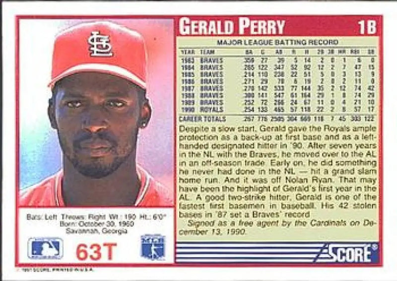 1991 Score Rookie and Traded #63T Gerald Perry NM-MT St. Louis Cardinals Baseball Card - Baseball Card Single