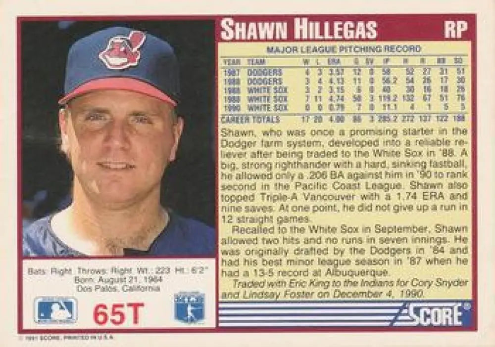 1991 Score Rookie and Traded #65T Shawn Hillegas NM-MT Cleveland Indians Baseball Card - Baseball Card Single