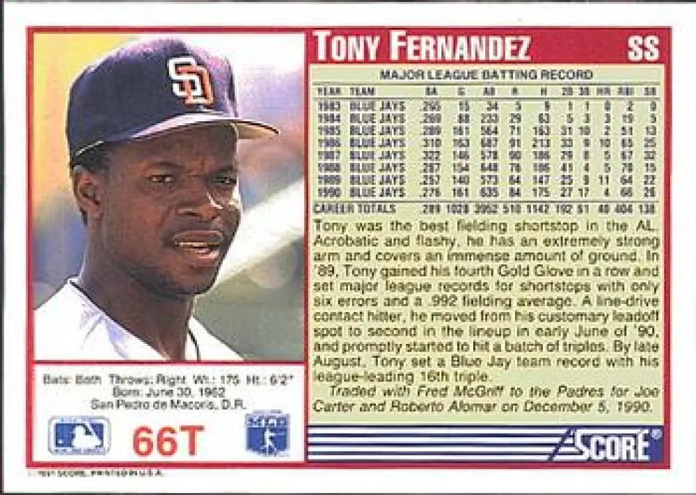 1991 Score Rookie and Traded #66T Tony Fernandez NM-MT San Diego Padres Baseball Card - Baseball Card Single