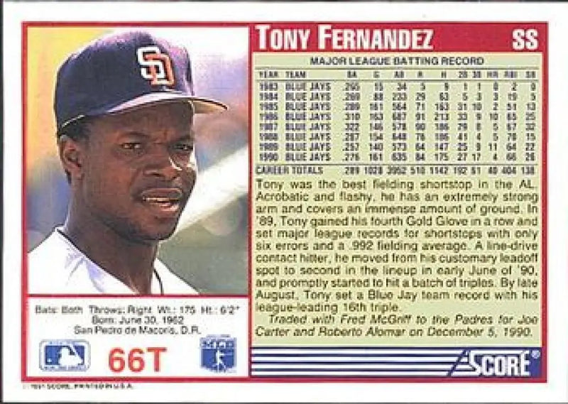 1991 Score Rookie and Traded #66T Tony Fernandez NM-MT San Diego Padres Baseball Card - Baseball Card Single