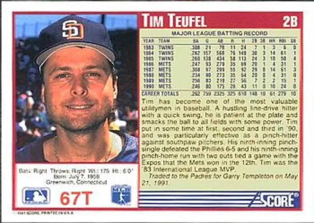 1991 Score Rookie and Traded #67T Tim Teufel NM-MT San Diego Padres Baseball Card - Baseball Card Single