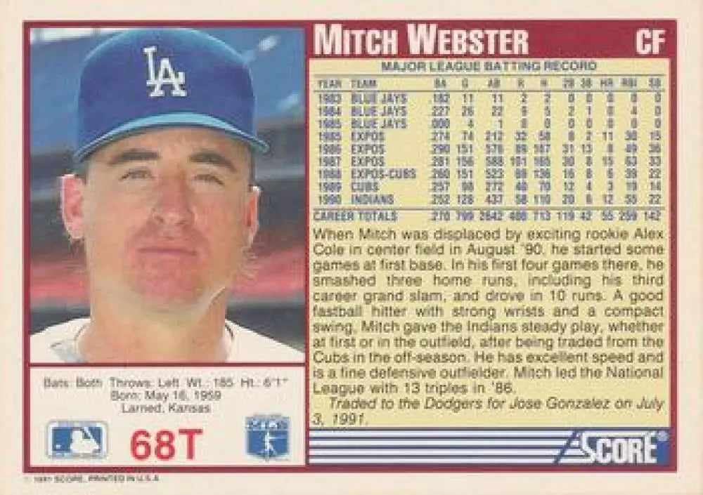 1991 Score Rookie and Traded #68T Mitch Webster NM-MT Los Angeles Dodgers Baseball Card - Baseball Card Single