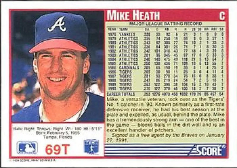 1991 Score Rookie and Traded #69T Mike Heath NM-MT Atlanta Braves Baseball Card - Baseball Card Single