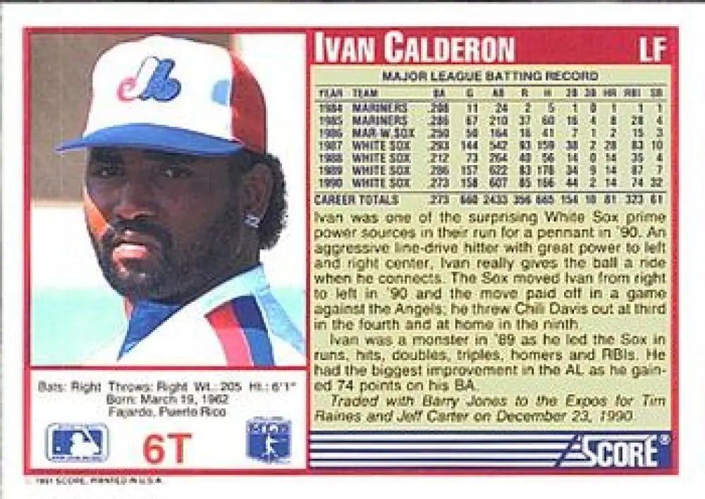 1991 Score Rookie and Traded #6T Ivan Calderon NM-MT Montreal Expos Baseball Card - Baseball Card Single