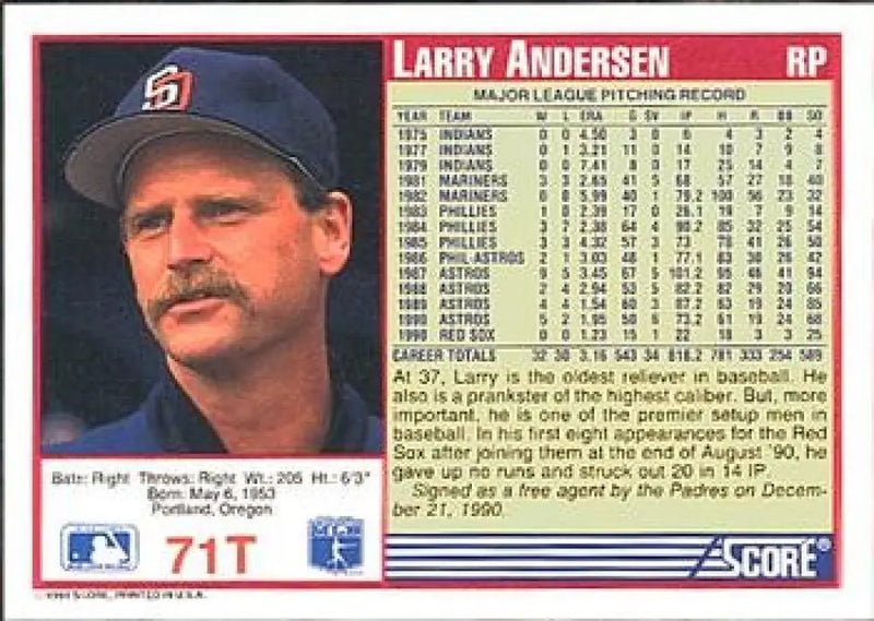 1991 Score Rookie and Traded #71T Larry Andersen NM-MT San Diego Padres Baseball Card - Baseball Card Single