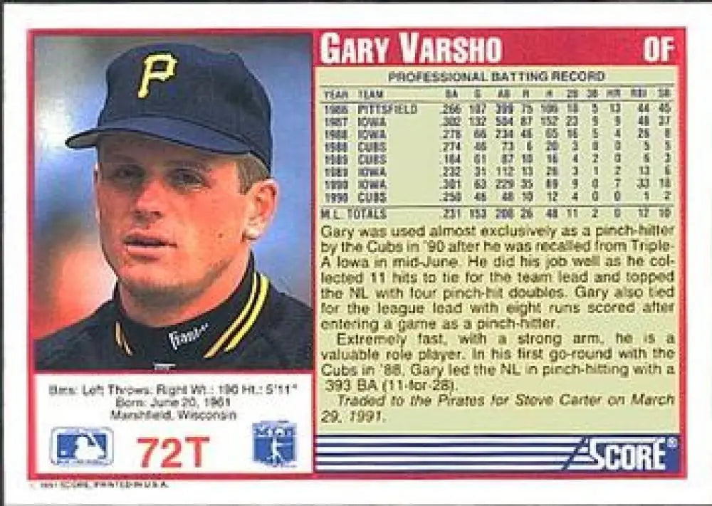 1991 Score Rookie and Traded #72T Gary Varsho NM-MT Pittsburgh Pirates Baseball Card - Baseball Card Single