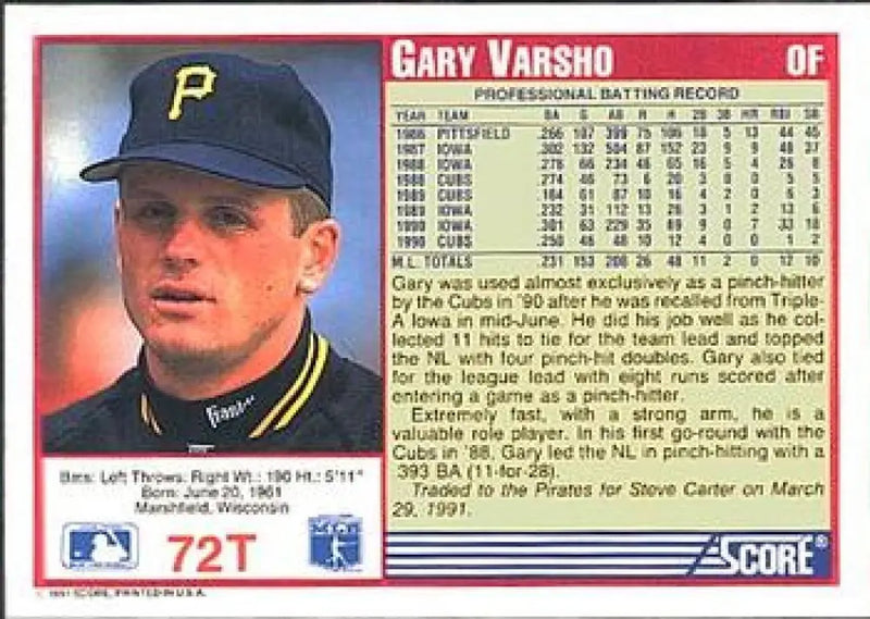 1991 Score Rookie and Traded #72T Gary Varsho NM-MT Pittsburgh Pirates Baseball Card - Baseball Card Single