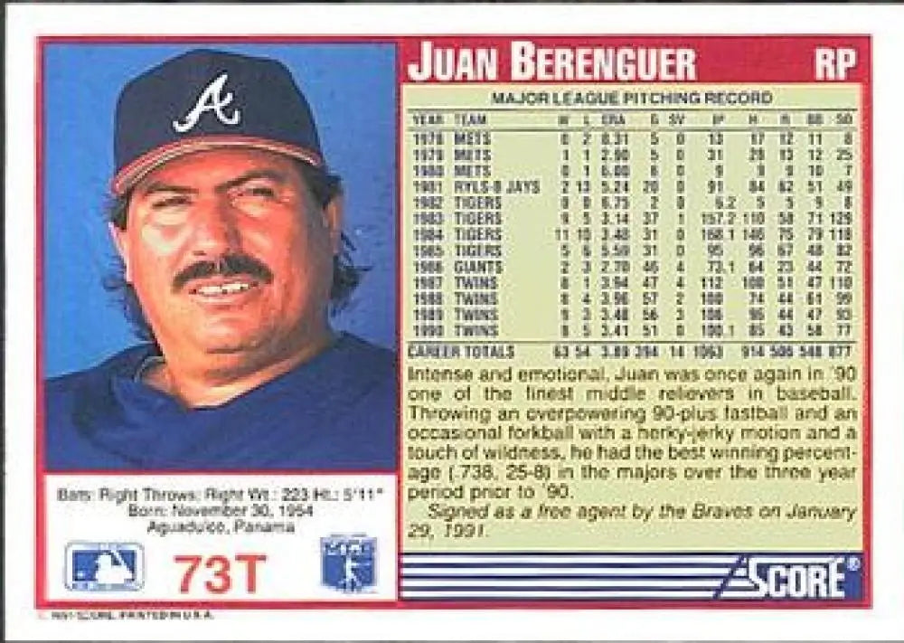 1991 Score Rookie and Traded #73T Juan Berenguer NM-MT Atlanta Braves Baseball Card - Baseball Card Single
