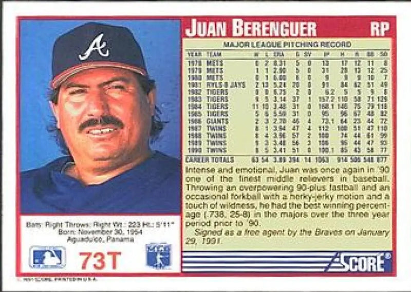 1991 Score Rookie and Traded #73T Juan Berenguer NM-MT Atlanta Braves Baseball Card - Baseball Card Single