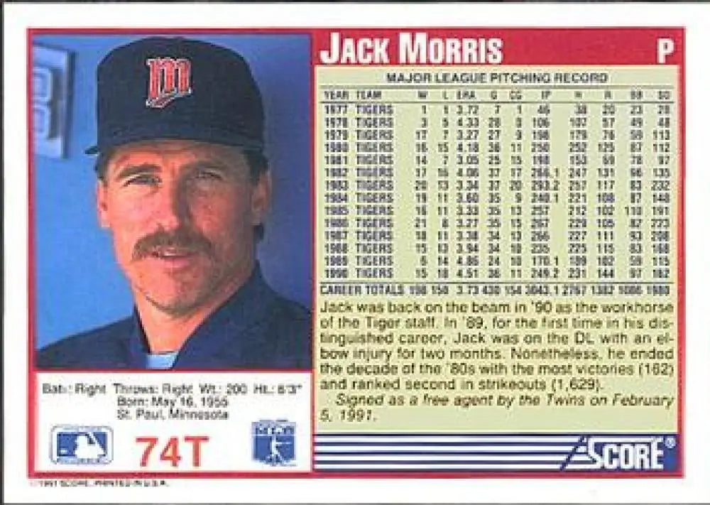 1991 Score Rookie and Traded #74T Jack Morris NM-MT Minnesota Twins Baseball Card - Baseball Card Single