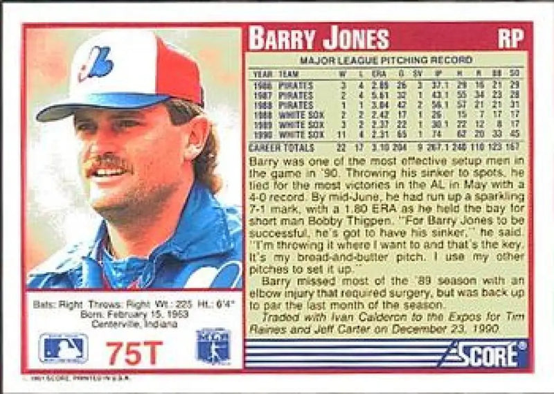 1991 Score Rookie and Traded #75T Barry Jones NM-MT Montreal Expos Baseball Card - Baseball Card Single