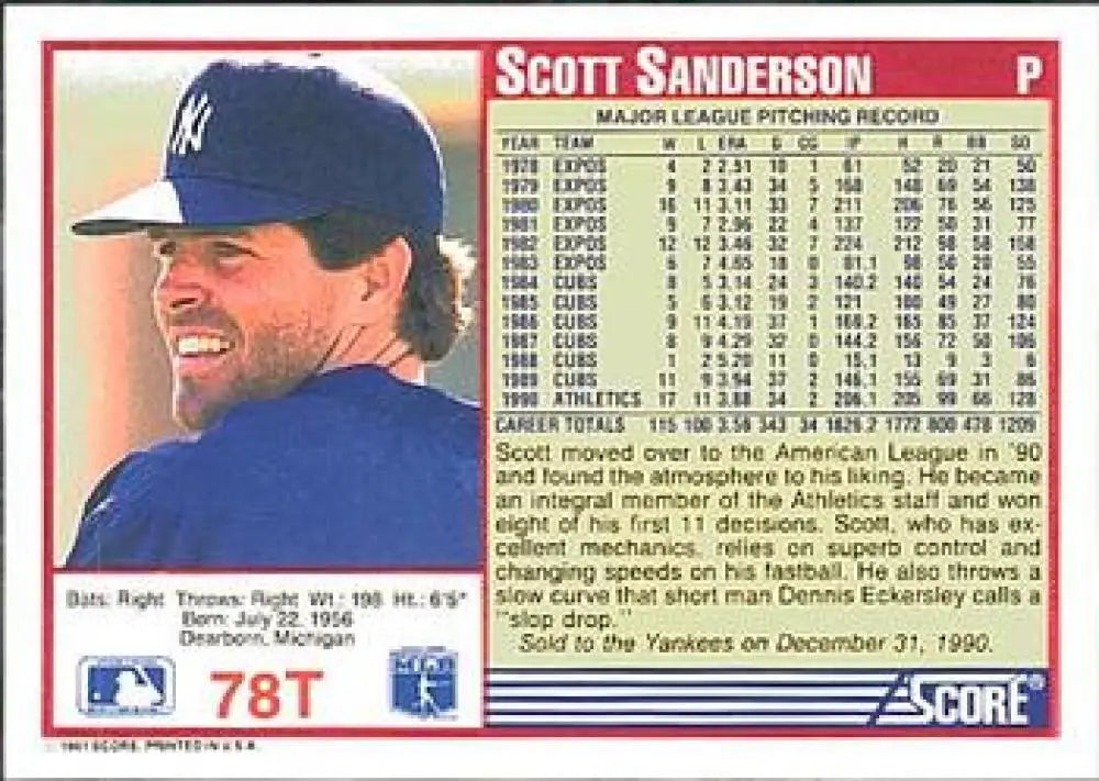 1991 Score Rookie and Traded #78T Scott Sanderson NM-MT New York Yankees Baseball Card - Baseball Card Single