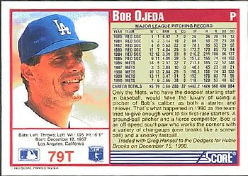 1991 Score Rookie and Traded #79T Bob Ojeda NM-MT Los Angeles Dodgers Baseball Card - Baseball Card Single