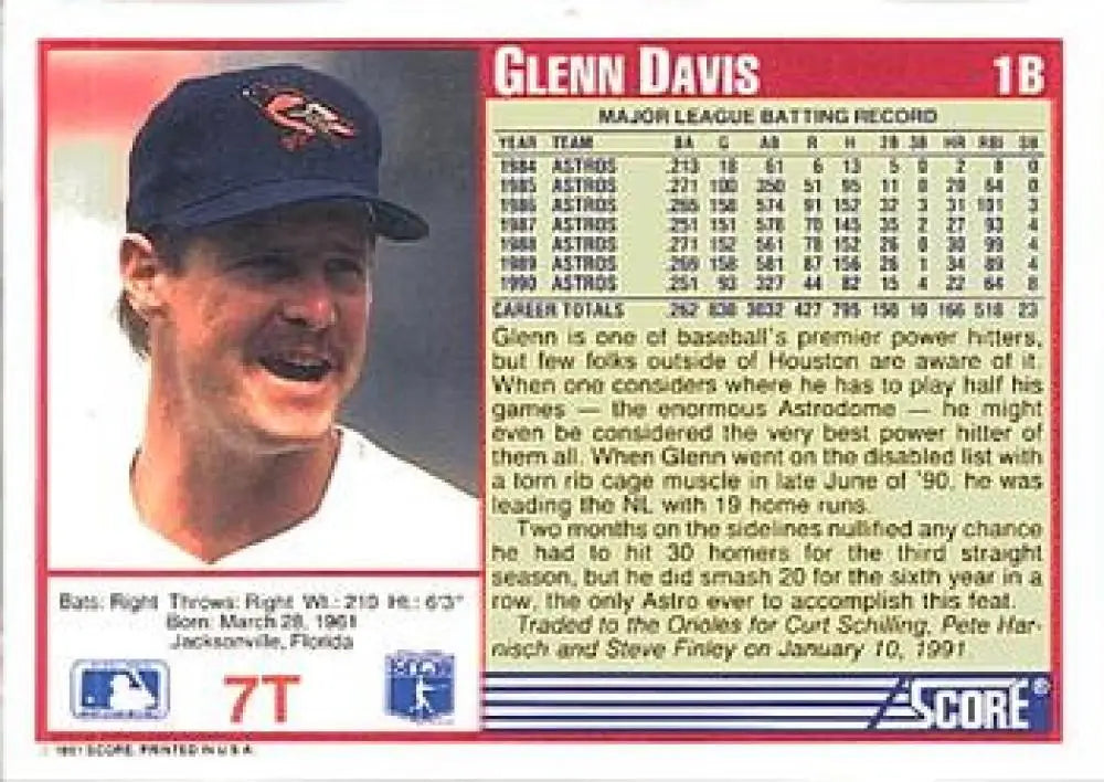 1991 Score Rookie and Traded #7T Glenn Davis NM-MT Baltimore Orioles Baseball Card - Baseball Card Single