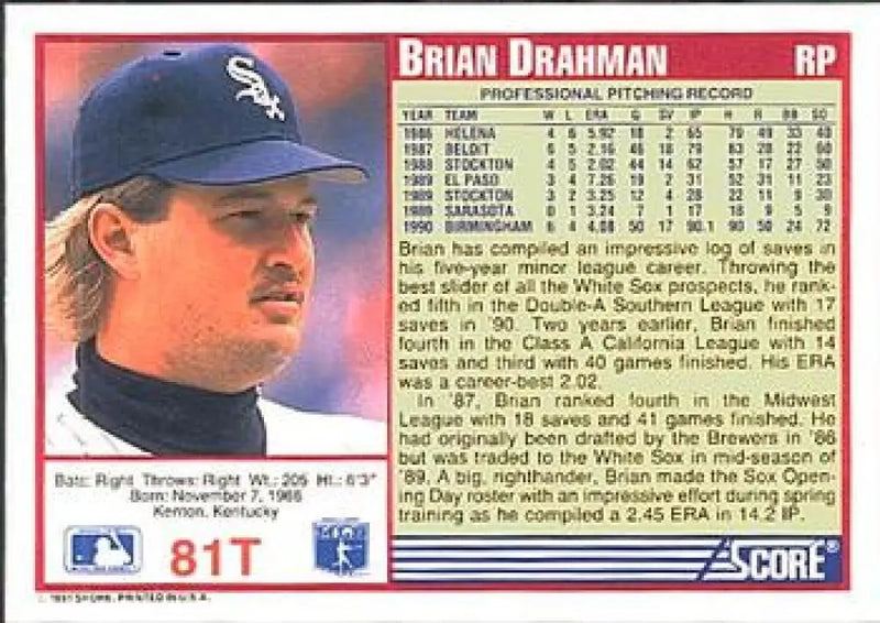 1991 Score Rookie and Traded #81T Brian Drahman NM-MT RC Rookie Chicago White Sox Baseball Card - Baseball Card Single
