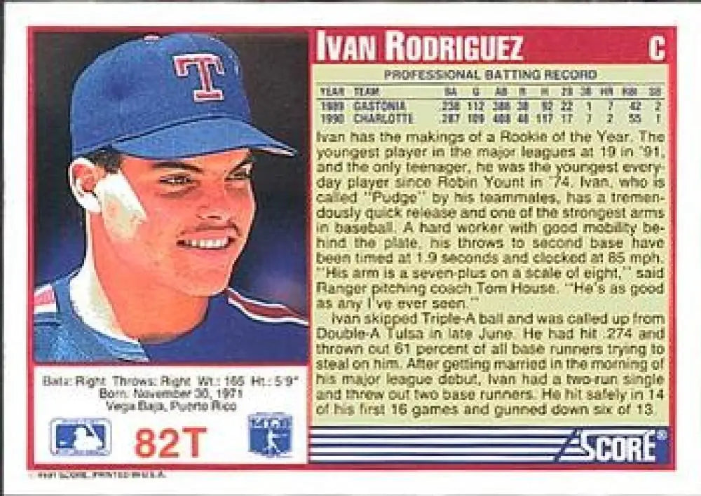 1991 Score Rookie and Traded #82T Ivan Rodriguez NM-MT RC Rookie Texas Rangers Baseball Card - Baseball Card Single
