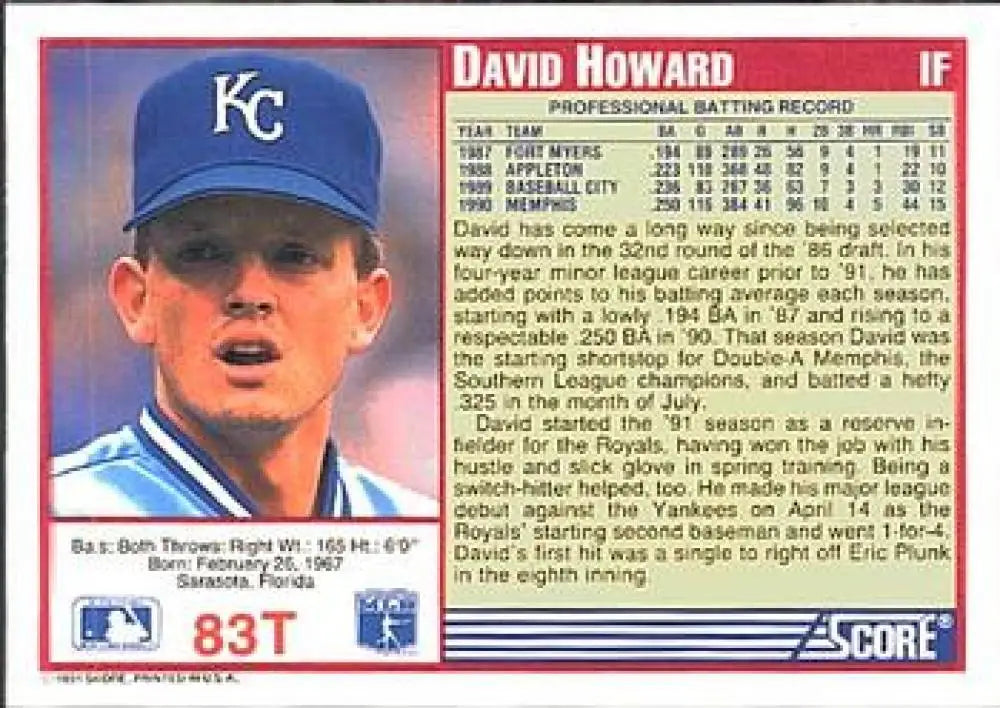 1991 Score Rookie and Traded #83T David Howard NM-MT RC Rookie Kansas City Royals Baseball Card - Baseball Card Single