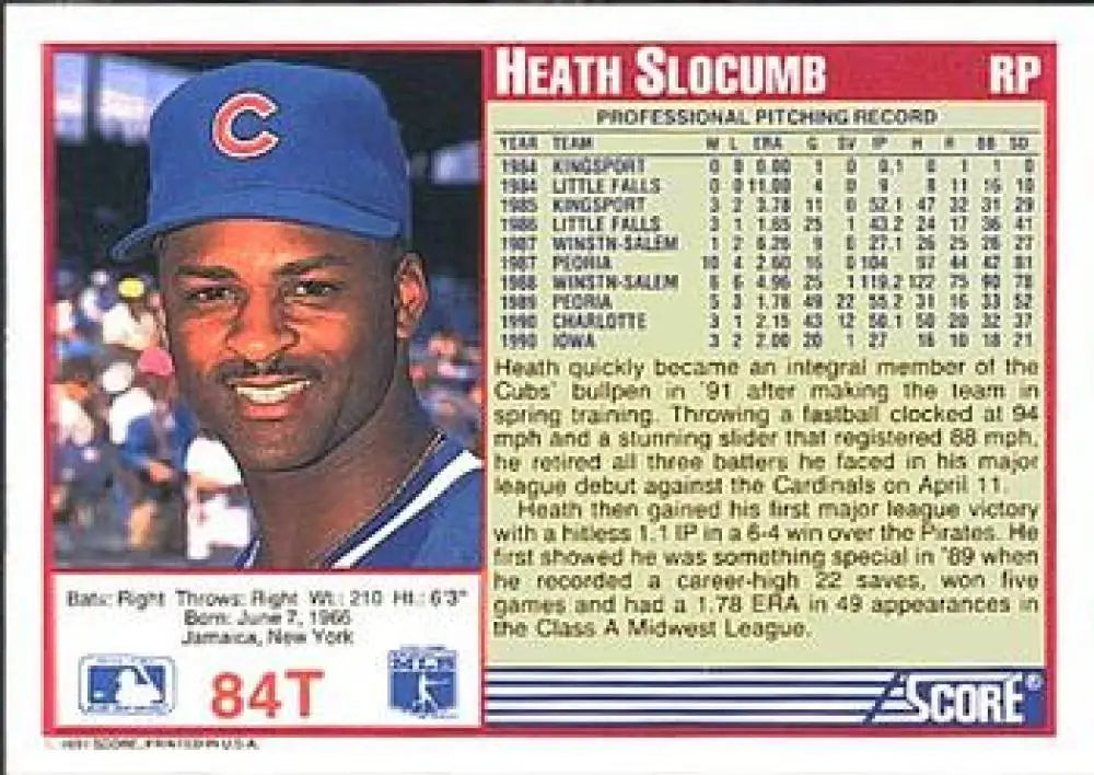 1991 Score Rookie and Traded #84T Heathcliff Slocumb NM-MT RC Rookie Chicago Cubs Baseball Card - Baseball Card Single