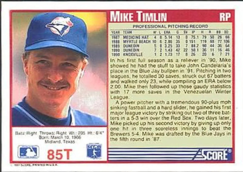 1991 Score Rookie and Traded #85T Mike Timlin NM-MT RC Rookie Toronto Blue Jays Baseball Card - Baseball Card Single