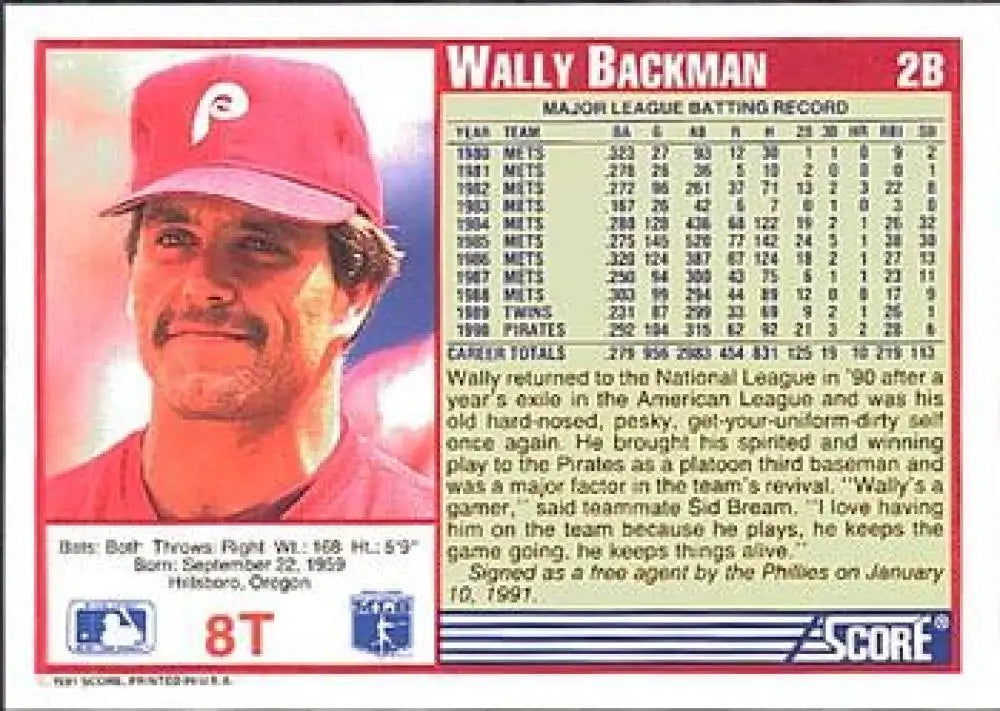 1991 Score Rookie and Traded #8T Wally Backman NM-MT Philadelphia Phillies Baseball Card - Baseball Card Single