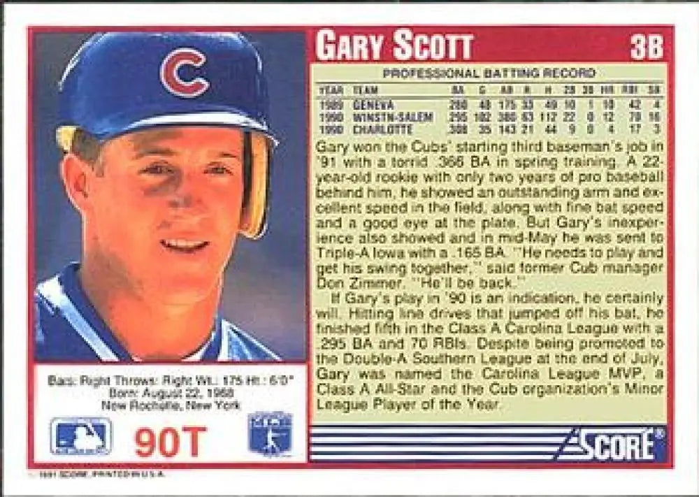 1991 Score Rookie and Traded #90T Gary Scott NM-MT RC Rookie Chicago Cubs Baseball Card - Baseball Card Single