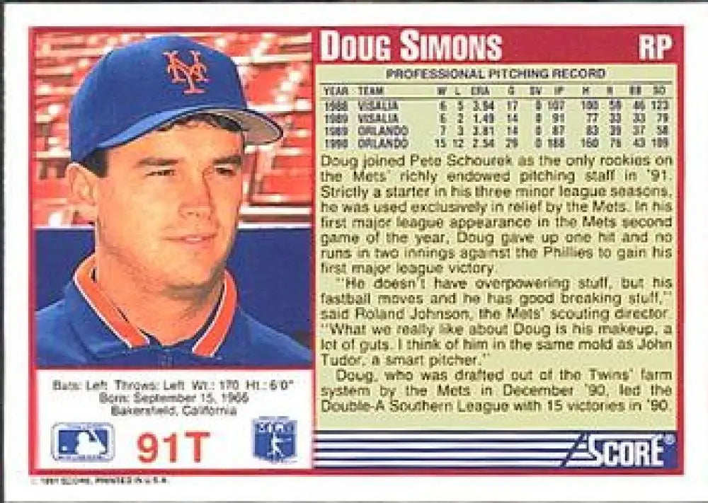 1991 Score Rookie and Traded #91T Doug Simons NM-MT RC Rookie New York Mets Baseball Card - Baseball Card Single