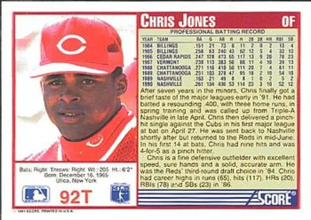 1991 Score Rookie and Traded #92T Chris Jones NM-MT RC Rookie Cincinnati Reds Baseball Card - Baseball Card Single
