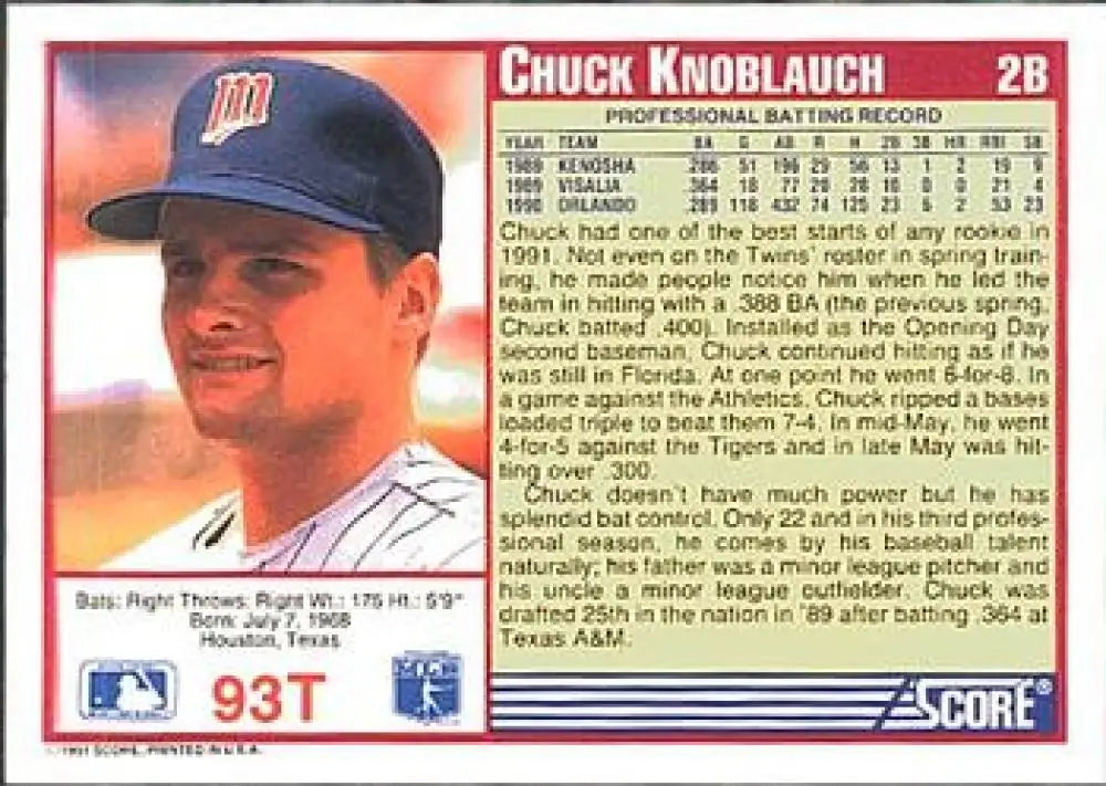 1991 Score Rookie and Traded #93T Chuck Knoblauch NM-MT Minnesota Twins Baseball Card - Baseball Card Single