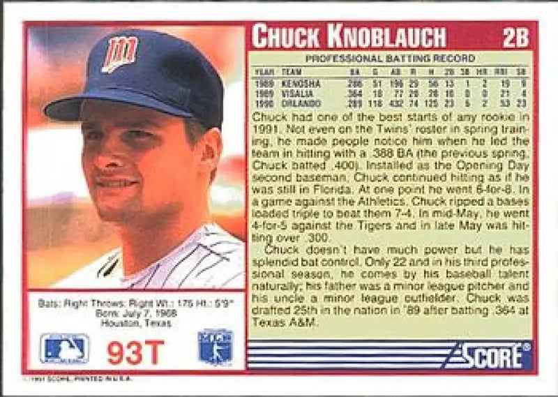 1991 Score Rookie and Traded #93T Chuck Knoblauch NM-MT Minnesota Twins Baseball Card - Baseball Card Single