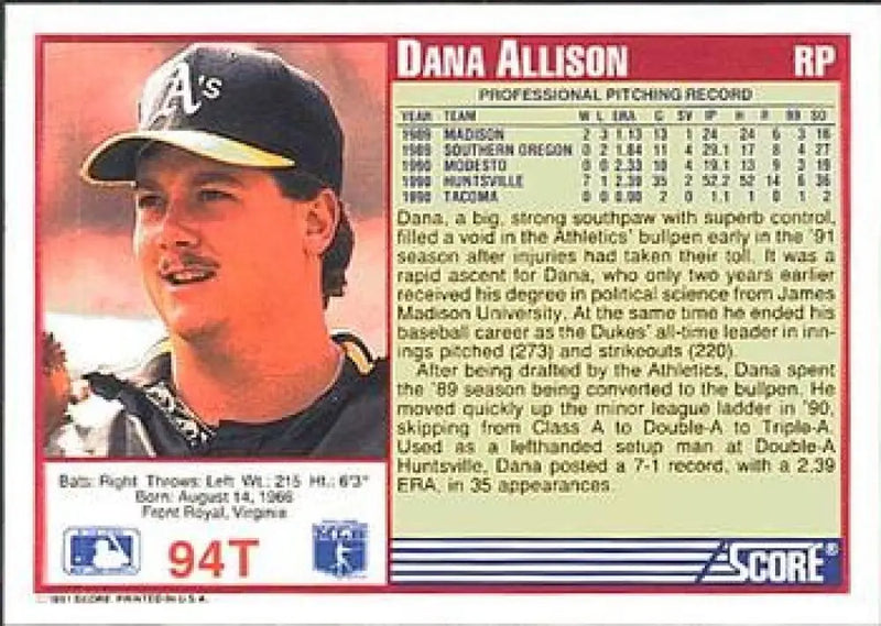 1991 Score Rookie and Traded #94T Dana Allison NM-MT RC Rookie Oakland Athletics Baseball Card - Baseball Card Single