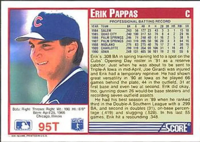 1991 Score Rookie and Traded #95T Erik Pappas NM-MT RC Rookie Chicago Cubs Baseball Card - Baseball Card Single