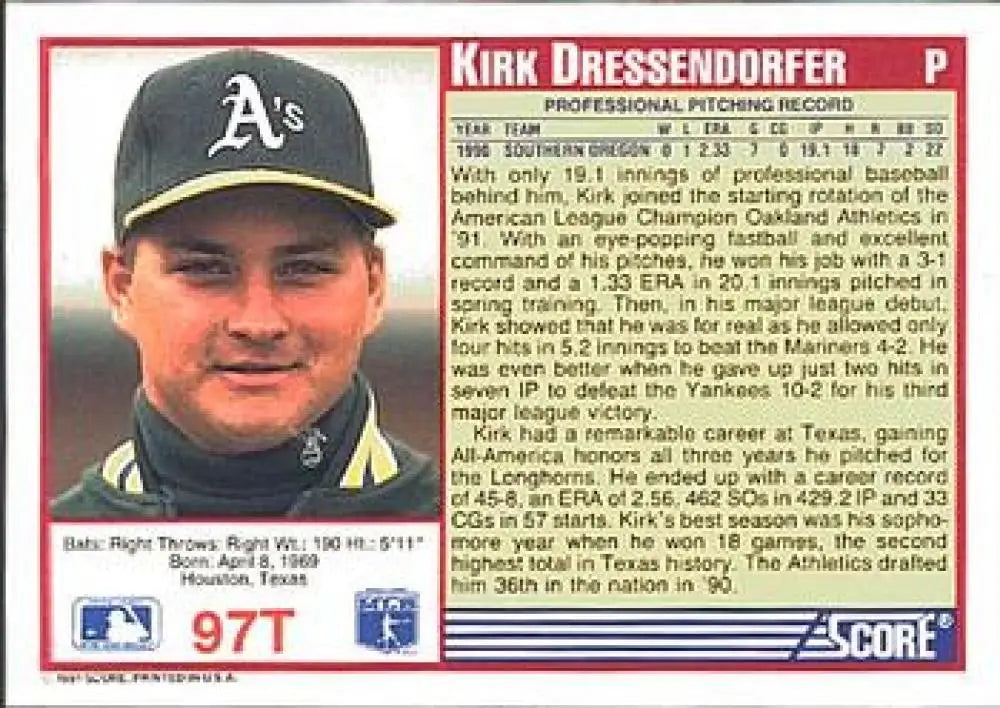 1991 Score Rookie and Traded #97T Kirk Dressendorfer NM-MT RC Rookie Oakland Athletics Baseball Card - Baseball Card