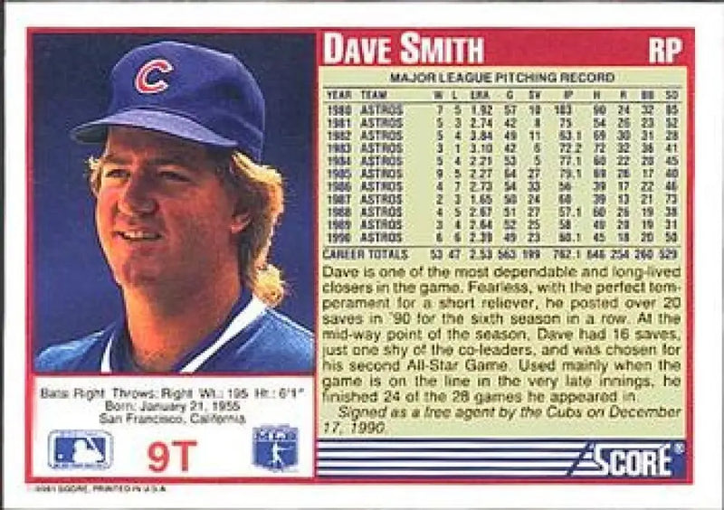 1991 Score Rookie and Traded #9T Dave Smith NM-MT Chicago Cubs Baseball Card - Baseball Card Single