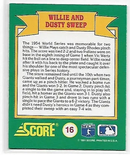 Baseball card back from 1991 Score Series II Magic Motion Trivia Willie and Dusty Sweep NM-MT