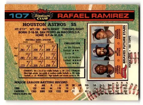 Original gloss Rafael Ramirez Houston Astros baseball card from 1991 Stadium Club #107