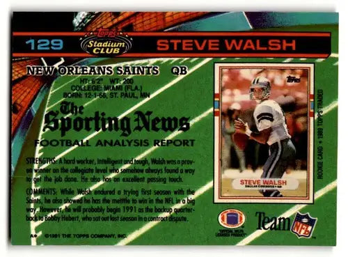 1991 Stadium Club #129 Steve Walsh New Orleans Saints Football Cards ID:60264 - Football Card Single