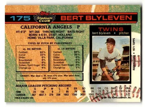 Original gloss Bert Blyleven California baseball card from 1991 Stadium Club Blyleven California Angels