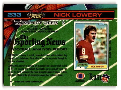 1991 Stadium Club #233 Nick Lowery Kansas City Chiefs Football Cards ID:60208 - Football Card Single