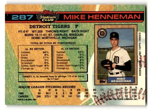Original gloss Mike Henneman Detroit Tigers baseball card from 1991 Stadium Club