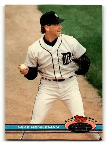 Original gloss Mike Henneman Detroit baseball card from 1991 Stadium Club featuring Henneman Detroit Tigers
