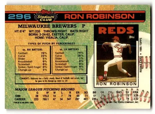 Original gloss 1991 Stadium Club Ron Robinson Milwaukee Brewers baseball card