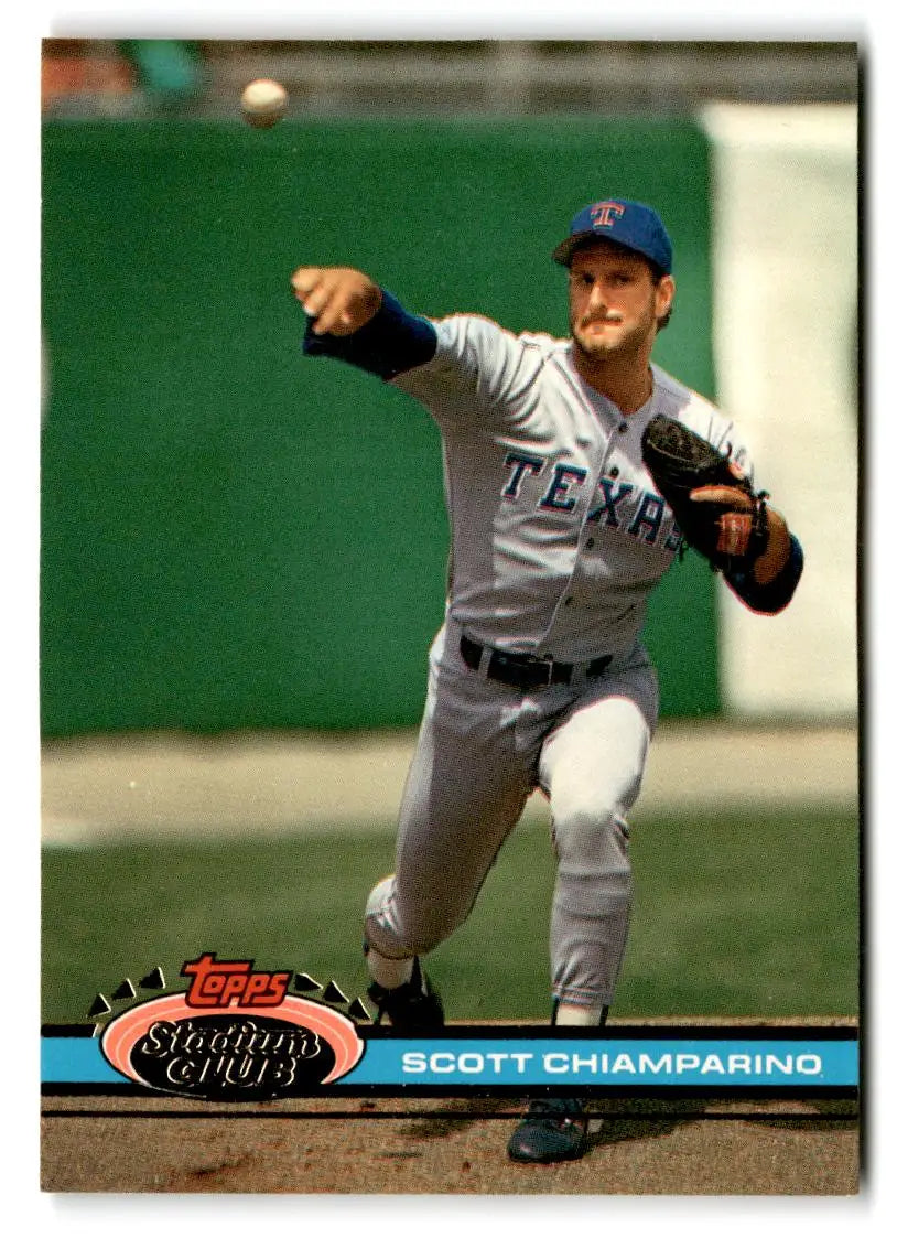 Baseball card showing Scott Chiamparino from 1991 Stadium Club trading cards